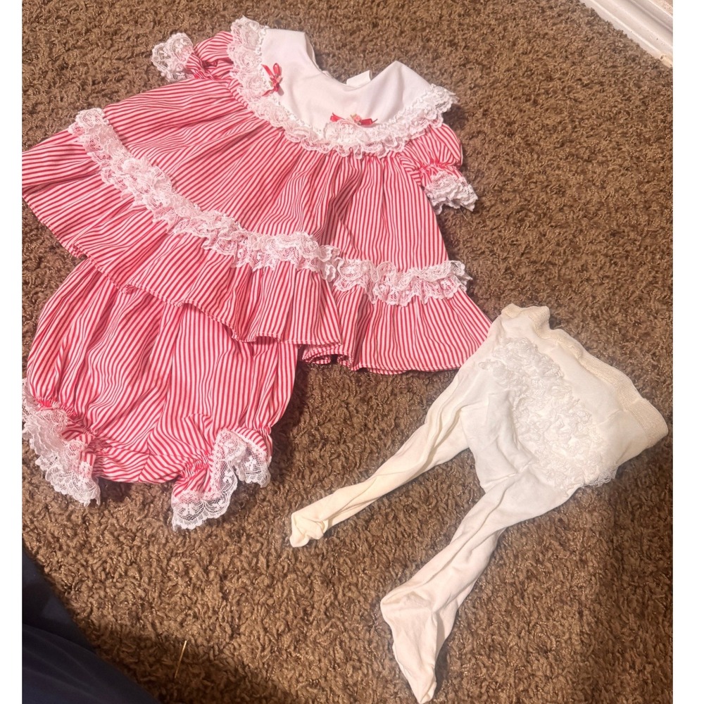 Vintage Bryan Baby Girl Red Striped Lace Tiered Dress Bloomer Tights Set 3-6M